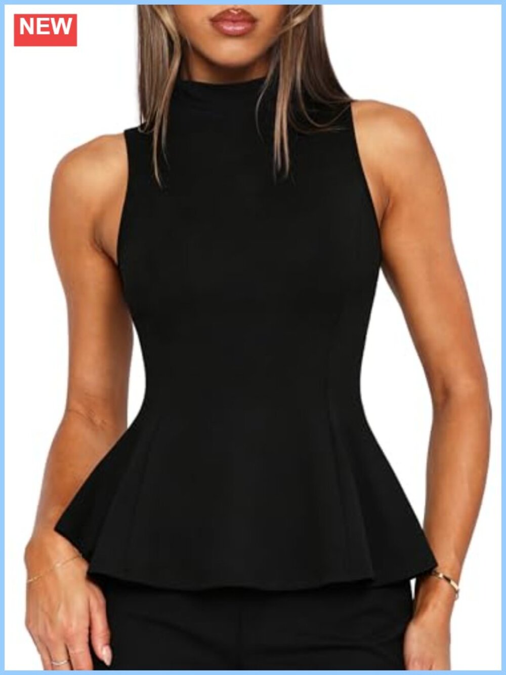 Women Sleeveless Peplum Top Mock Neck Business Casual Work Blouse Flare Hem Cami
